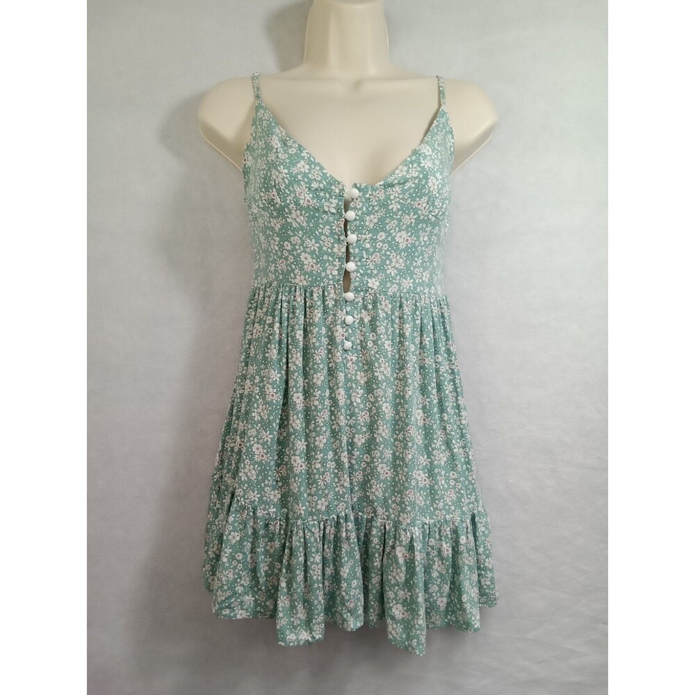 Zaful Tank Sz 4 Small Green Floral Ruffled Pleated Button Adjustable Straps
